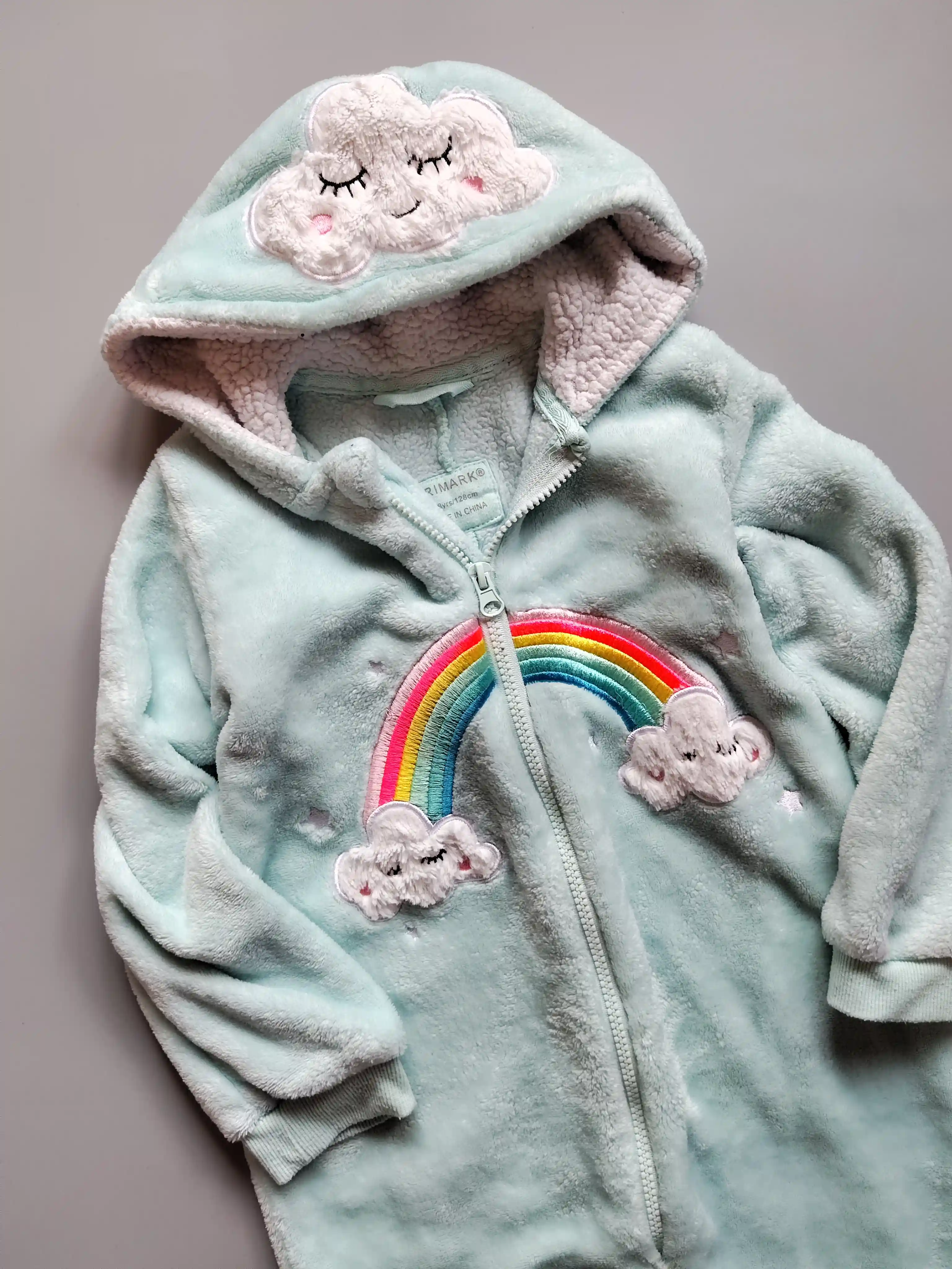 Fleecový overal Primark vel. 128 tyrkysový s duhou