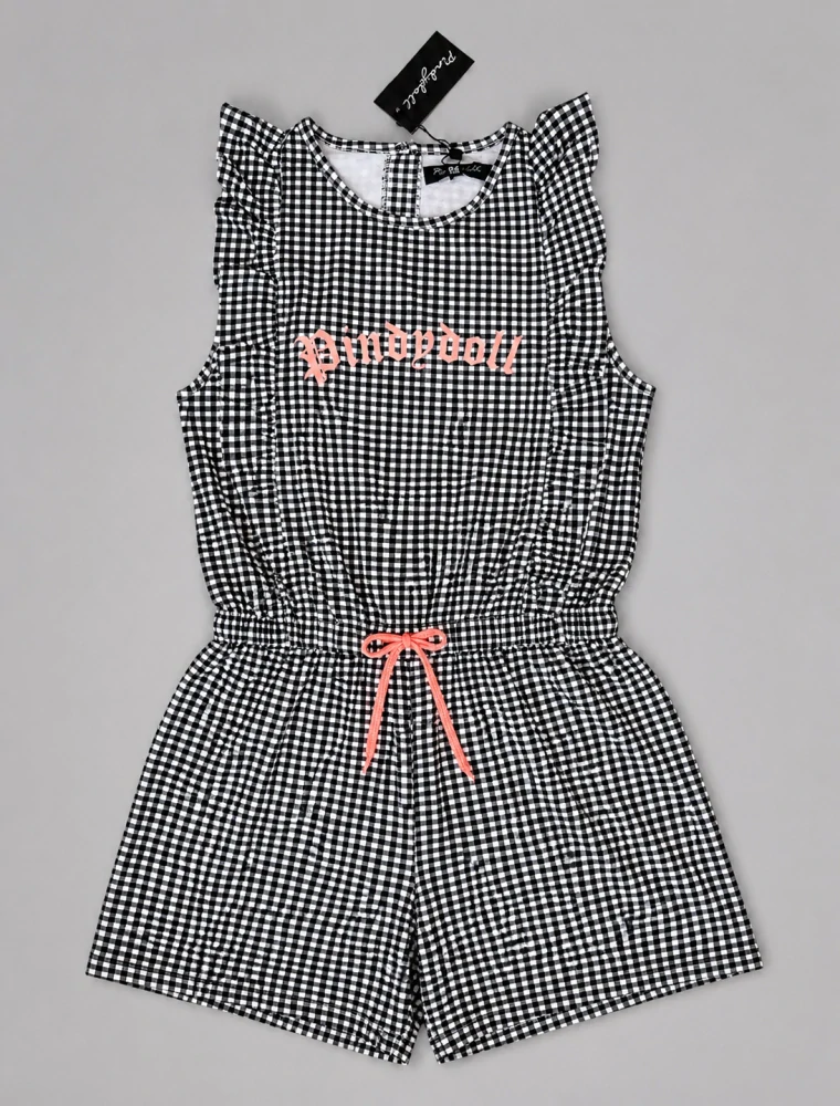 Letní overal Pindydoll vel. 158 černobílý kostkovaný s nápisem