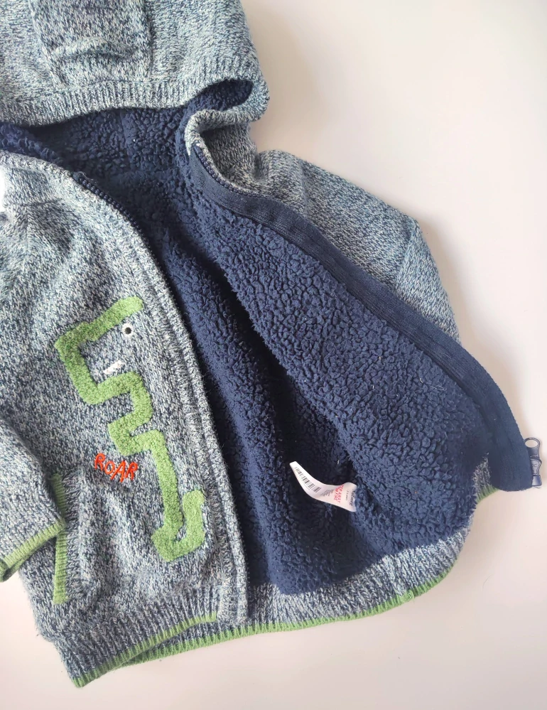 Podšitý svetr Nutmeg vel. 98 modrý dino na zip s kapucí