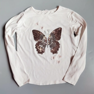 Tričko s dlouhým rukávem H&M vel. 158 / 164 bílé s motýlem z flitrů
