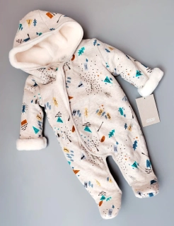 Zateplený overal Mamas & Papas s kapucí vel. 62 béžový obrázkový