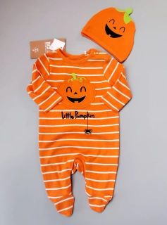 Overal s čepičkou M&Co vel. 50 oranžový pruhovaný s dýní