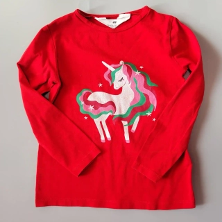 Tričko H&M vel. 104 červené s jednorožcem Vánoční