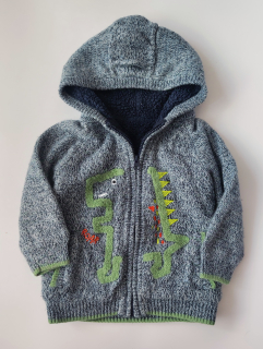 Podšitý svetr Nutmeg vel. 98 modrý dino na zip s kapucí