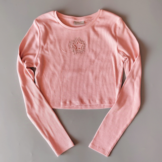 Krátký žebrovaný top s dlouhý rukávem Matalan vel. 152 růžový s hvězdičkovým průstřihem